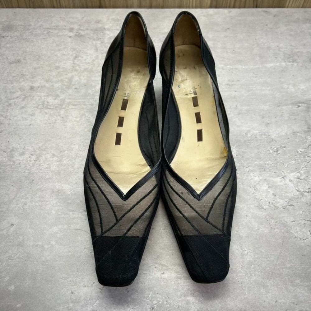 Vintage Classic Sheer Mesh Kitten Heel Black Square Toe Pumps Womens US 9 - Picture 2 of 16